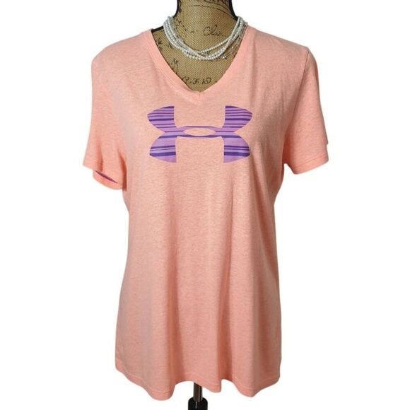 Under Armour Womens HeatGear Tee L Peach UA Semi-Fitted V-Neck T-Shirt Sporty - Picture 1 of 8